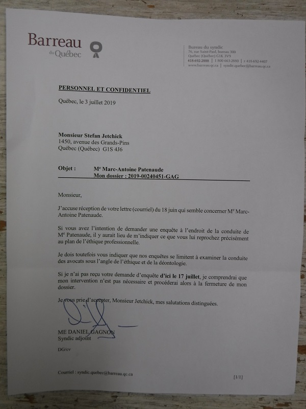 Lettre de Me Daniel Gagnon.