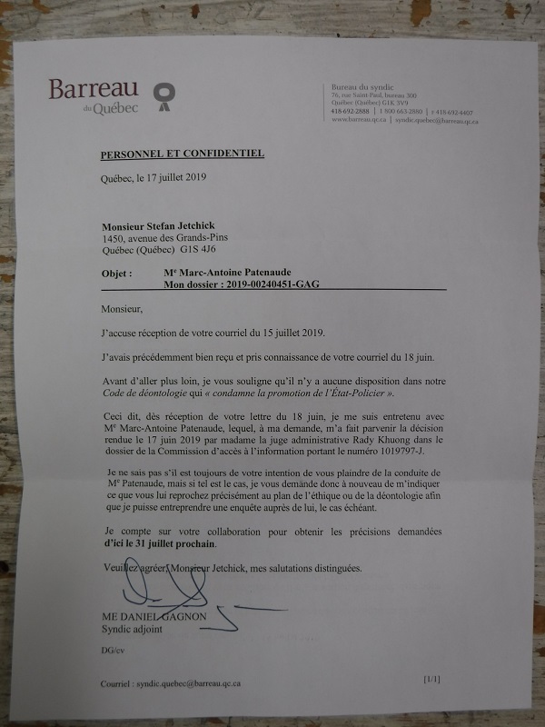 2e Lettre de Me Daniel Gagnon.