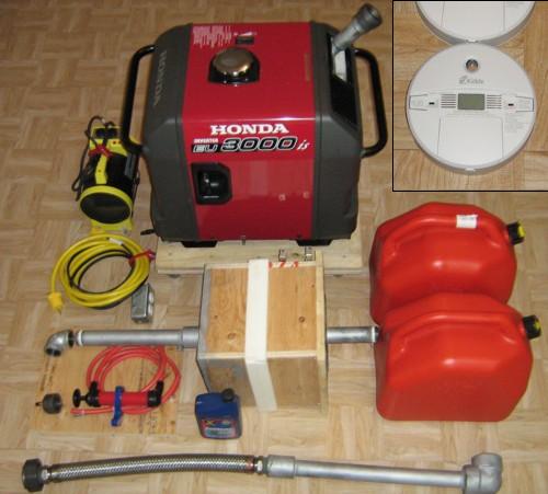 Fig. 6: Generator, disassembled exhaust extension, testing cap, CO
detectors, etc.