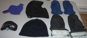 Mittens, tuque, balaclava, face mask, goggles