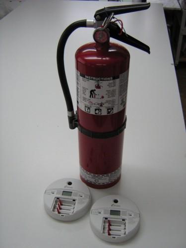Large (17.5 lbs) fire extinguisher and two carbon monoxide detectors.