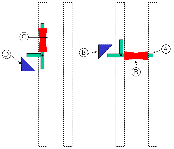 Closeup of one pin, in up and down position, seen from front.