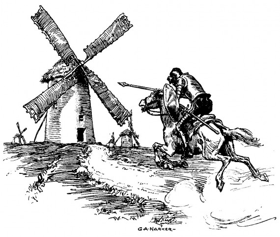 La charge de Don Quichotte contre un moulin  vent.