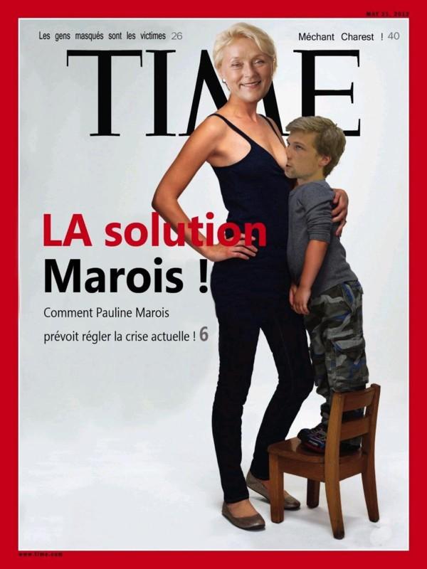 Pauline Marois, Leader of the Parti Qubcois, breastfeeding Gabriel Nadeau-Dubois, a spokesman of the CLASSE student coalition.