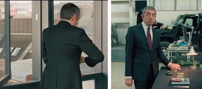 Johnny English faisant semblant de flatter un chat qu'il vient par mgarde de jeter par la fentre, ou tentant de cacher une bote de pastilles qu'il n'tait pas suppos goter.