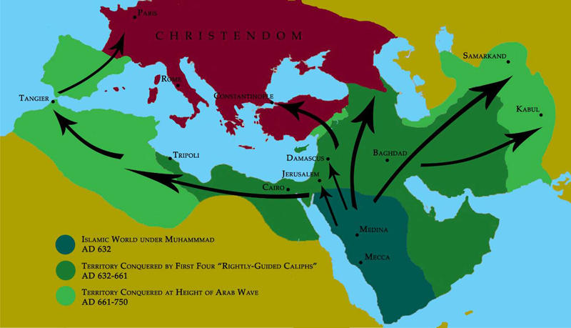 L'expansion rapide de l'Islam au cours de la djihad arabe.