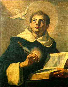 Saint Thomas Aquinas praying before starting his intellectual labor.