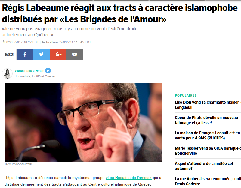 Rgis Labeaume ragit aux tracts  caractre islamophobe distribus par Les Brigades de l'Amour.