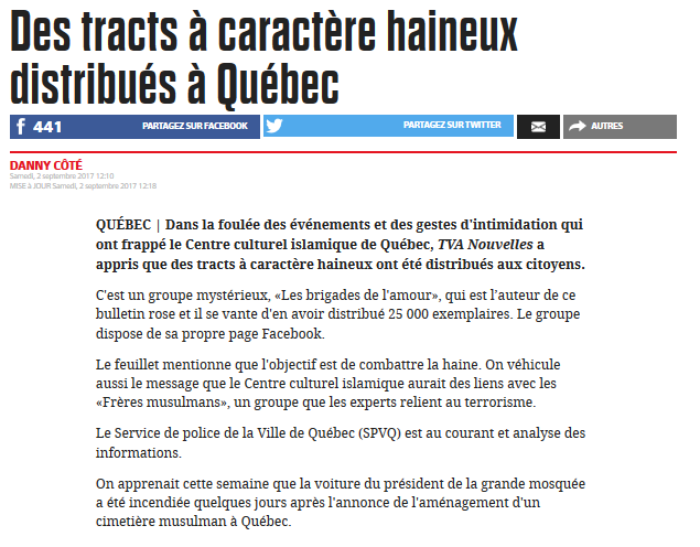 Des tracts  caractre haineux distribus  Qubec.