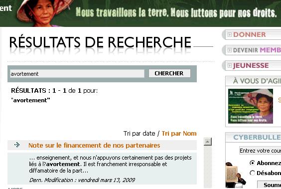Rsultats de la recherche du mot avortement sur le site web de CCODP.